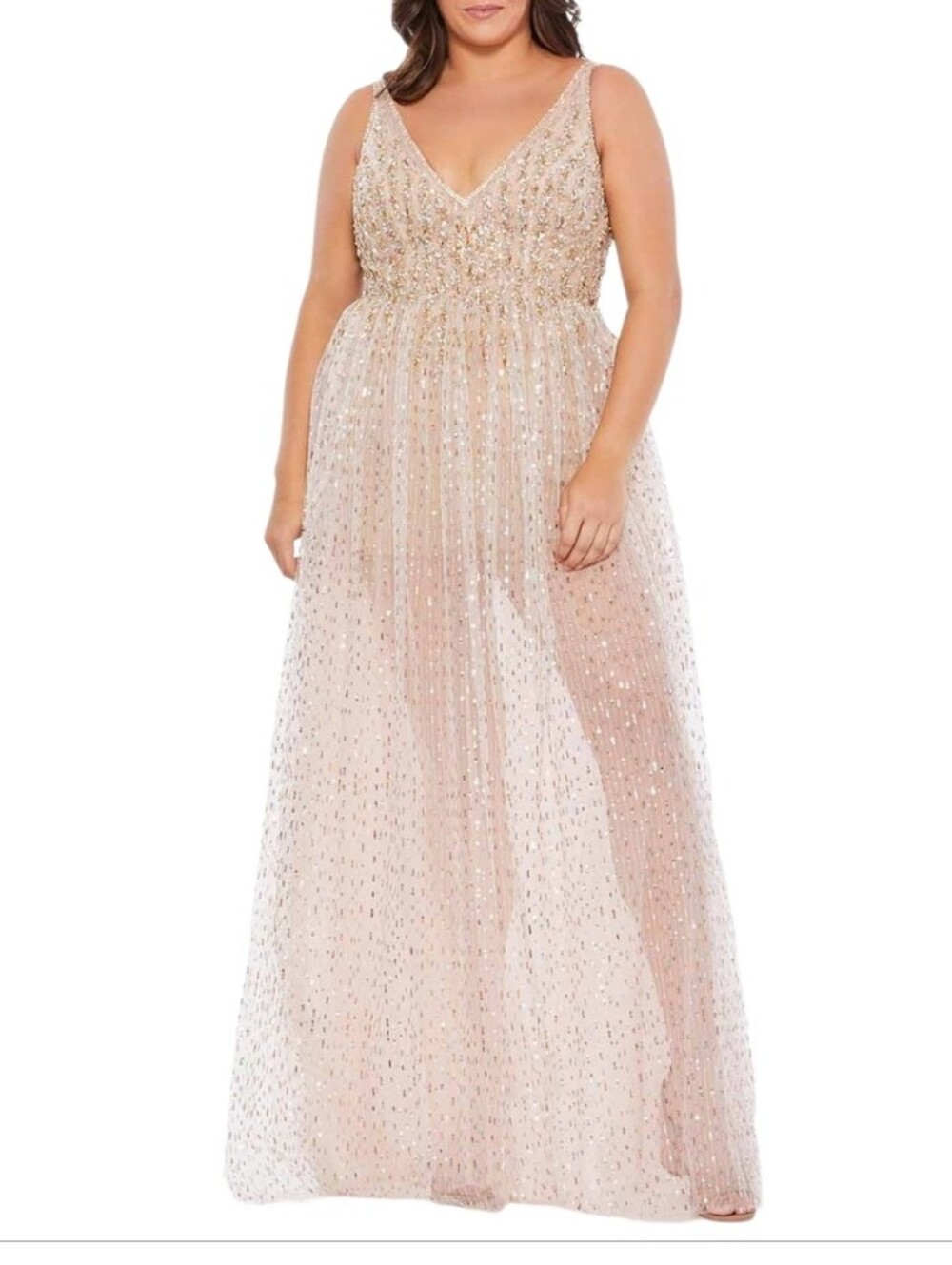 Mac Duggal 67742 Beaded Romper Sheer Overlay Dress Nude Gold 16W NWT